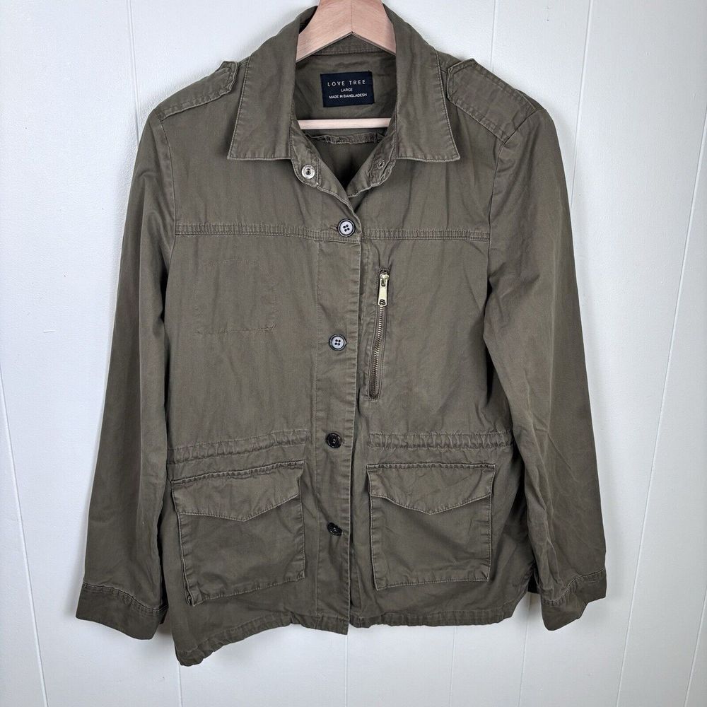 Love Tree Anorak Jacket Women's Long Sleeve Button Khaki Green - Measures Medium